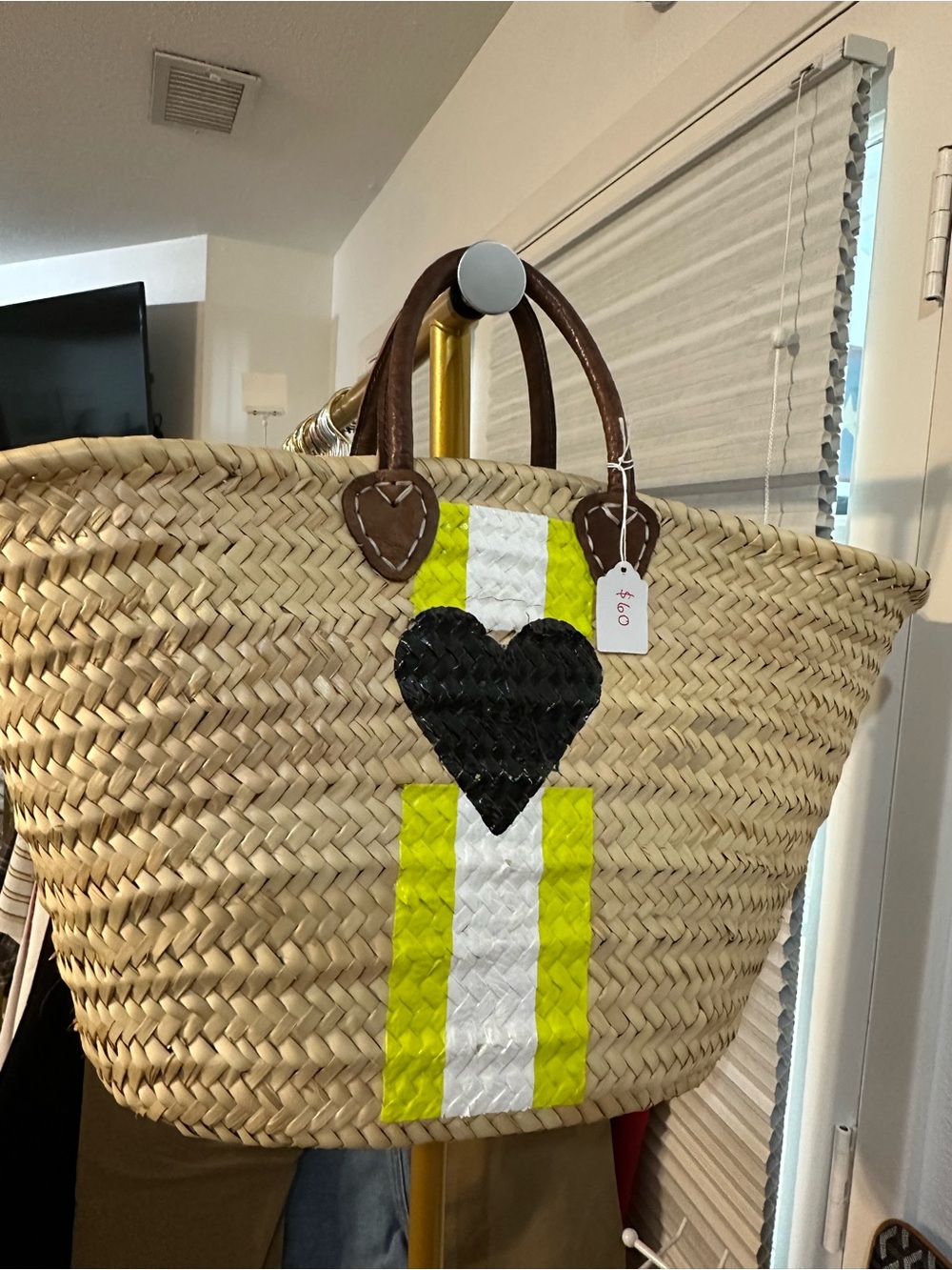 Handwoven Straw Satchel with Black Heart and Yellow Accent